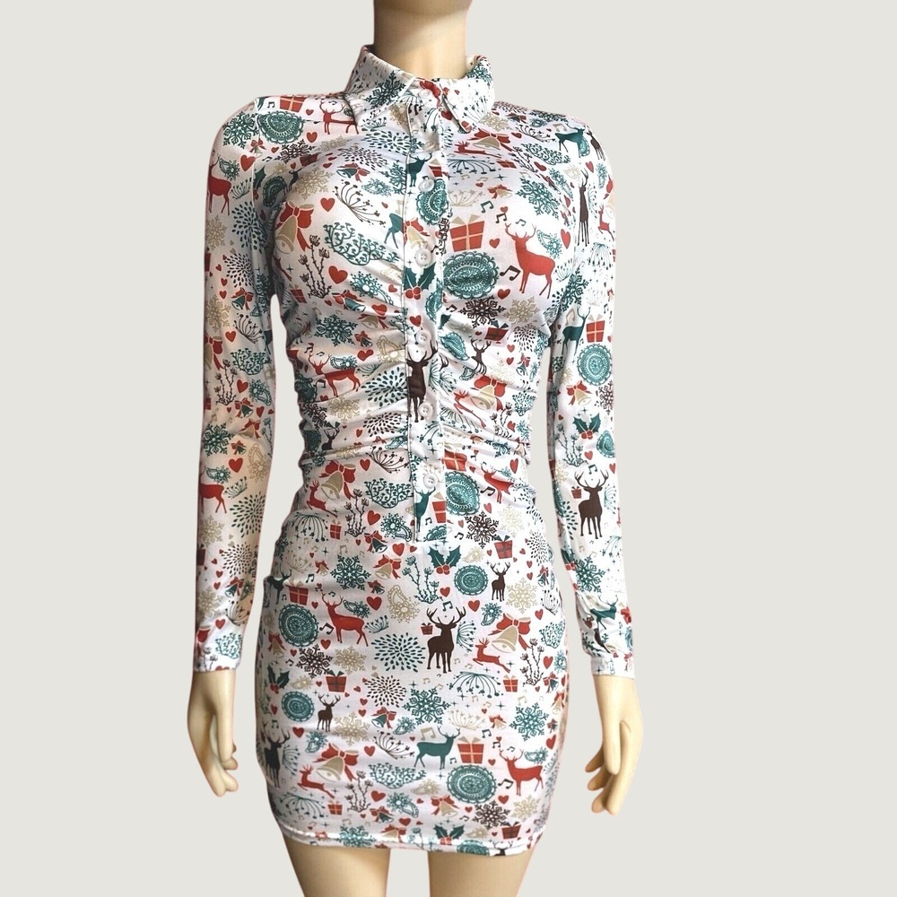 Christmas Holiday Long Sleeve Button Down Bodycon Mini Dress Small‎